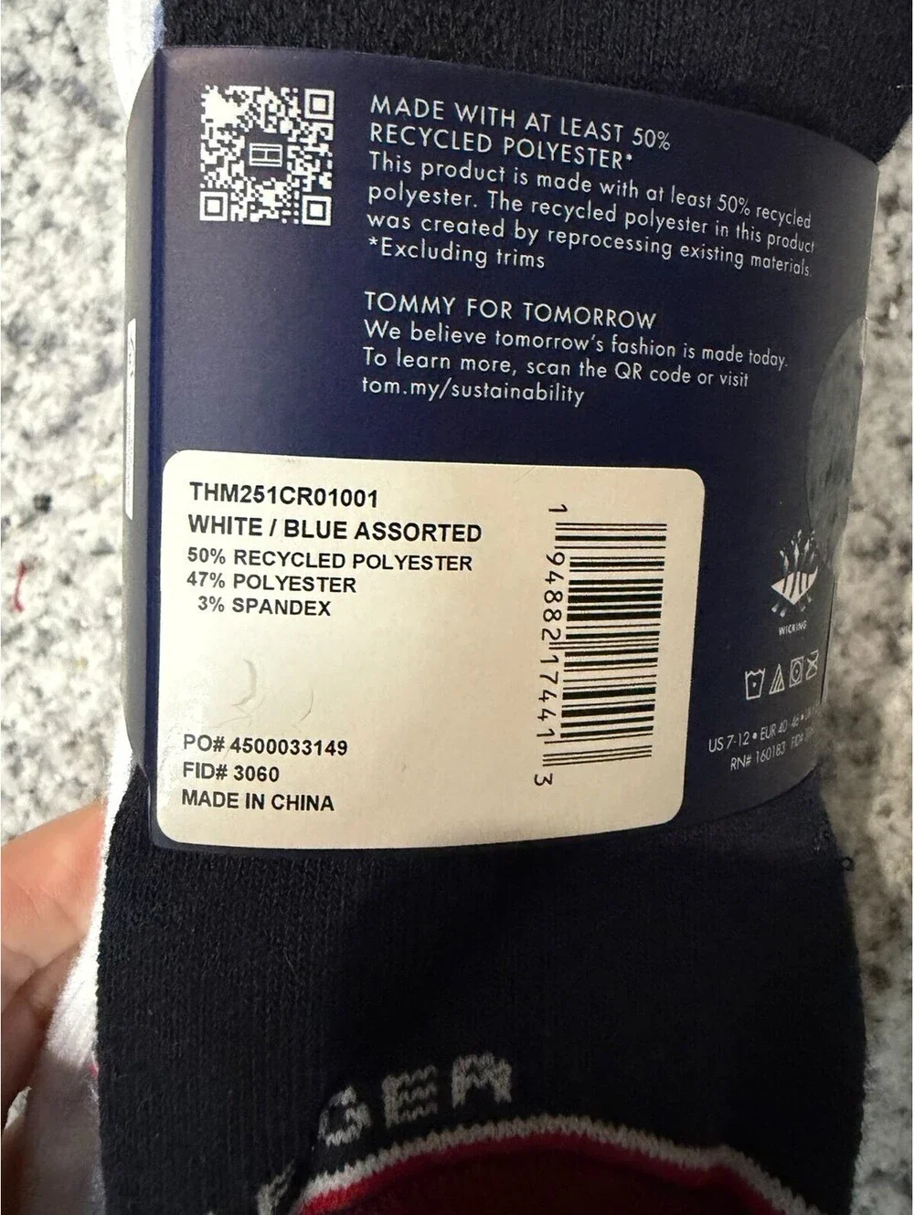 Tommy Hilfiger Mens Cushion Crew Socks 3 Pack White Blue Size 7-12 NEW